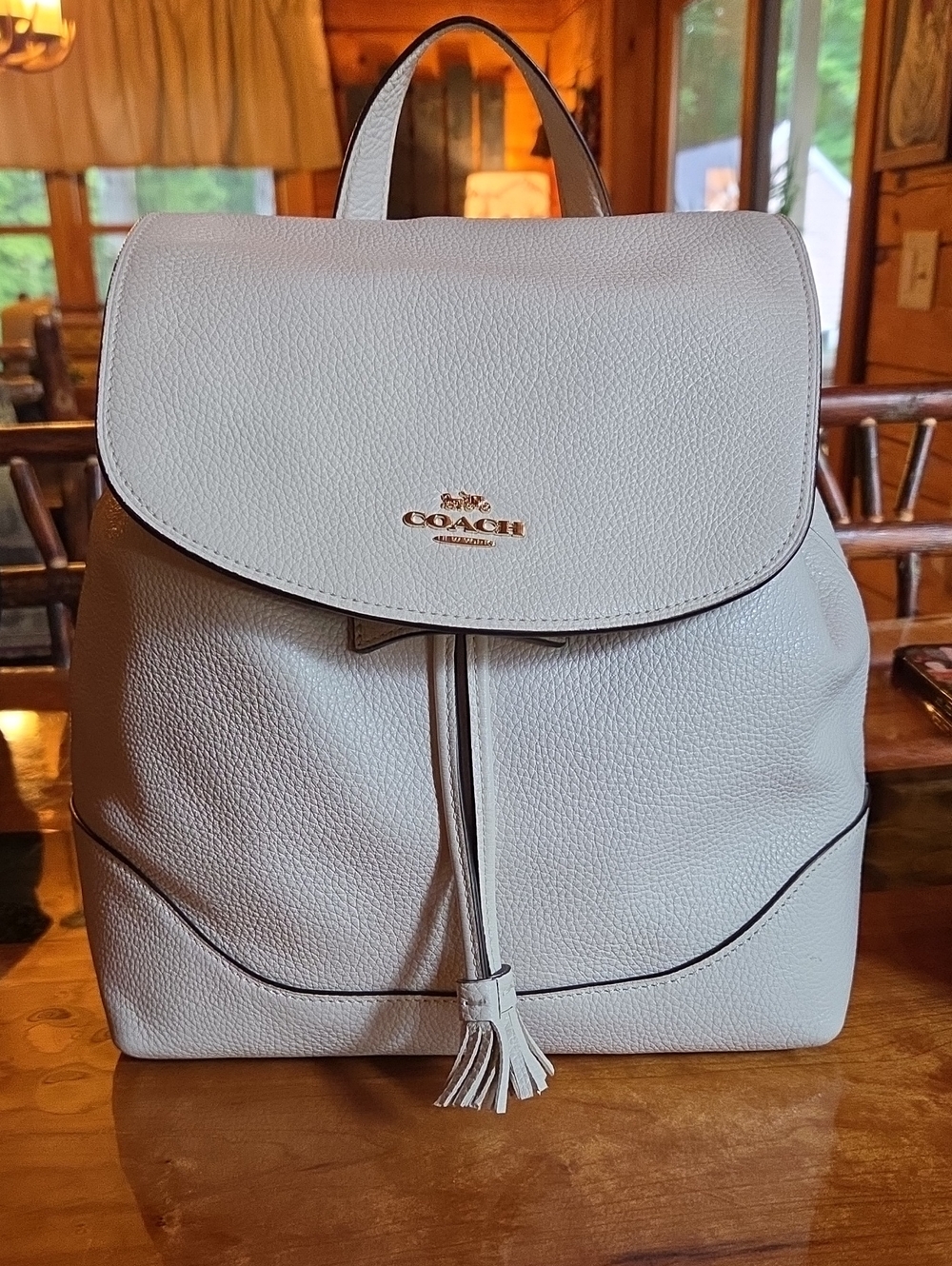 Coach White Pebbled Leather Backpack with Tassel Drawstring